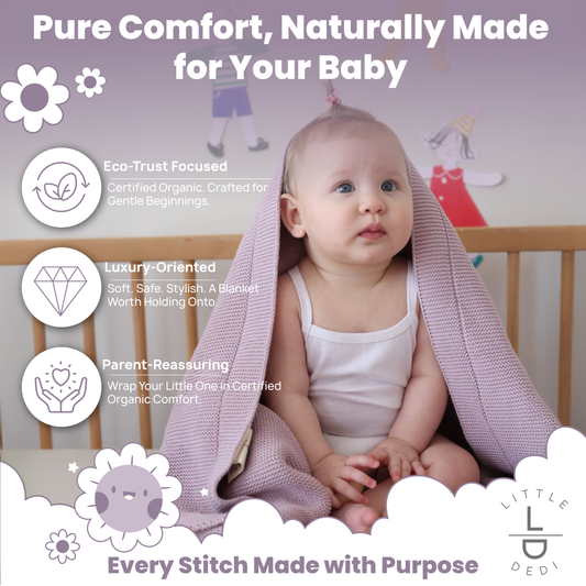 Little Dedi 100% Organic Cotton GOTS Certified Baby Knitted Blanket with Gift Box - Soft Toddler, Crib, Stroller Blanket - Neutral Swaddle and Receiving Blanket for Newborns, 30"x40", Lavender Frost