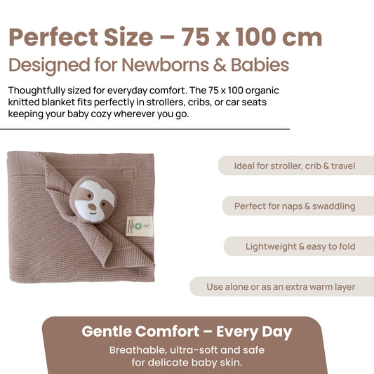 Little Dedi 100% Organic Cotton Baby Blanket, Stone, 80 x 100 cm, Sloth Design, Handmade Soft & Breathable Infant Swaddle Blanket, Crib, Stroller
