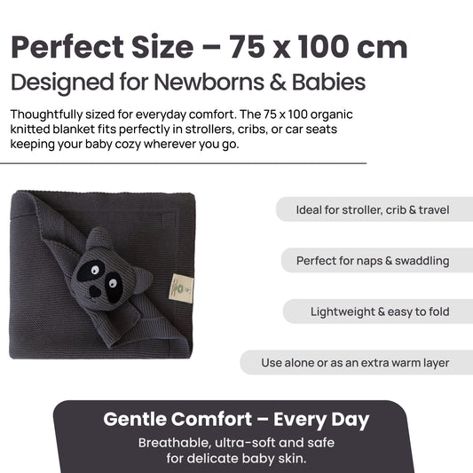 Little Dedi 100% Organic Cotton Baby Blanket, Charcoal, 80 x 100 cm, Raccoon Design, Handmade Soft & Breathable Infant Swaddle Blanket, Crib, Pram & Newborn Gift