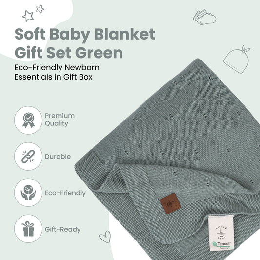 Little Dedi Soft Baby Blanket Gift Set Green– Includes Soft Knit Pointelle Blanket 30"x40", Baby Hat, Gloves & Booties – Eco-Friendly Newborn Essentials in Gift Box