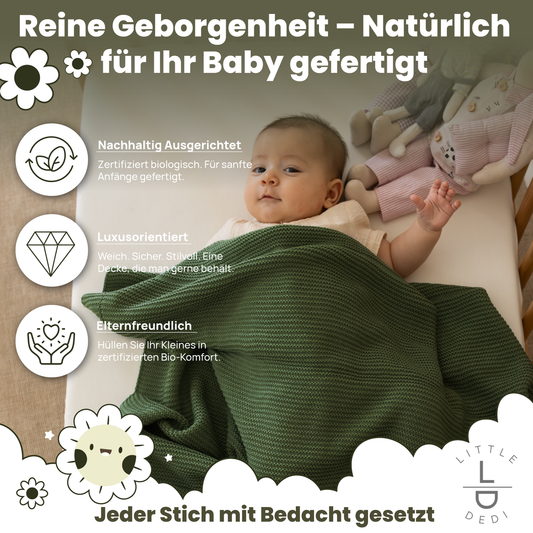 Little Dedi 100% Organic Cotton Baby Knitted Blanket with Gift Box - Soft Toddler, Crib, Stroller Blanket - Neutral Swaddle and Receiving Blanket for Newborns, 30"x40", Pepper Green