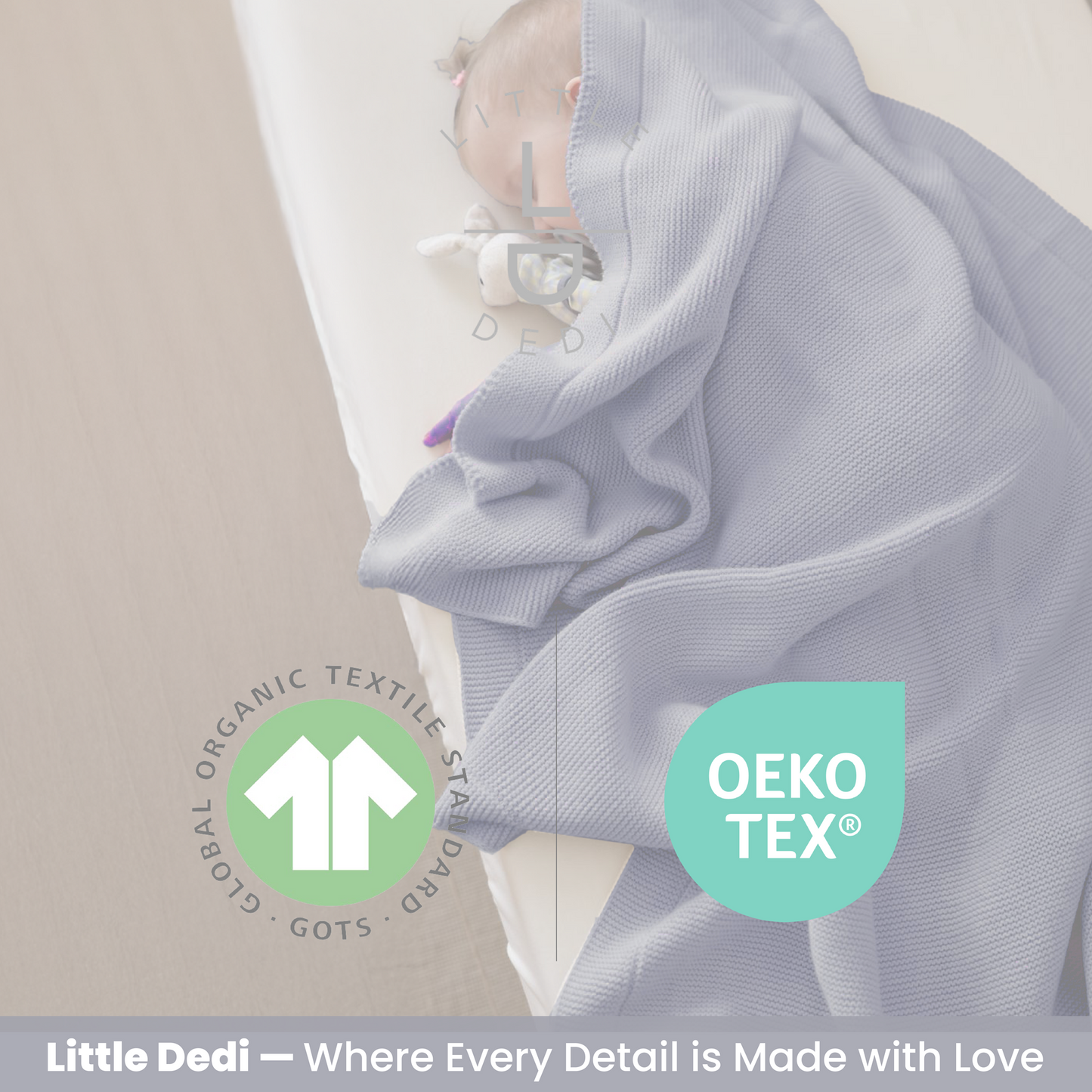 Little Dedi %100 Organik Pamuk GOTS Sertifikalı Bebek Örgü Battaniyesi, Hediye Kutulu - Yumuşak Bebek, Beşik, Puset Battaniyesi - Yenidoğanlar için Nötr Kundak ve Puset Örtüsü, 76x101 cm, Gri Mavi