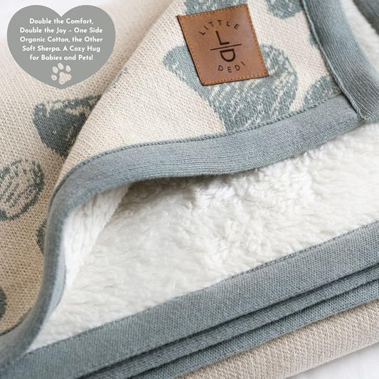Little Dedi Small Pet Blanket - 100% Organic Cotton, Double Layer Plush Sherpa, Soft Plush, Pink Jacquard Paw Knit, 30"x38", Ideal Cat Blanket - Soft and Warm