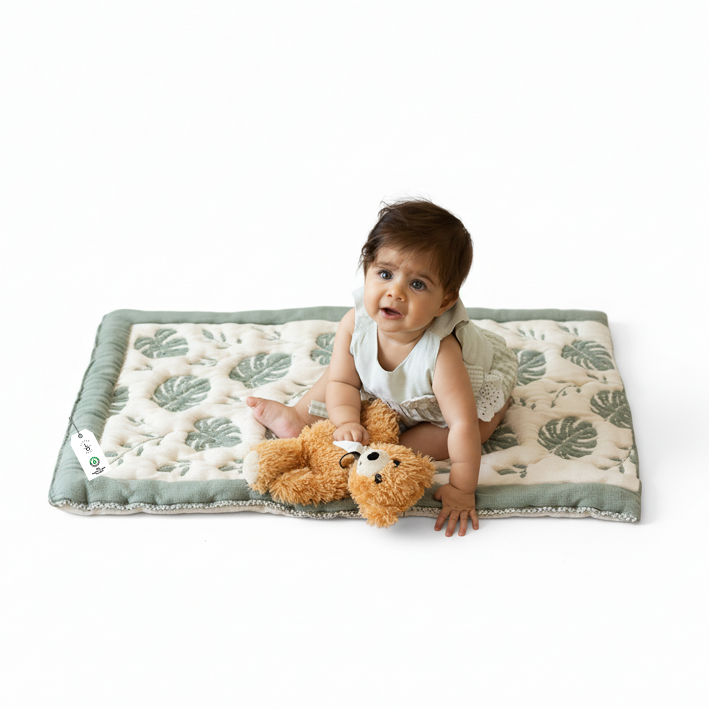 Little Dedi Organic Baby Changing Mat 20x33 Inch – OCS Certified Turkish Cotton Quilted Diaper Pad – Reversible, Soft, Washable Portable Mat for Newborn Travel – Monstera Leaf Green Beige
