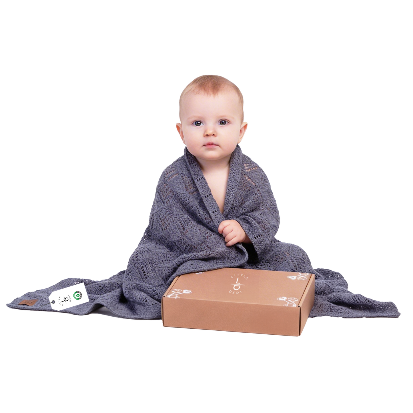 Little Dedi Emily Design 100% Organic Cotton Baby Blanket 80 x 100 cm Dark Grey - GOTS Certified, Soft Swaddling Cloth, 80 x 100 cm, Gender Neutral, Newborn Cuddly Blanket