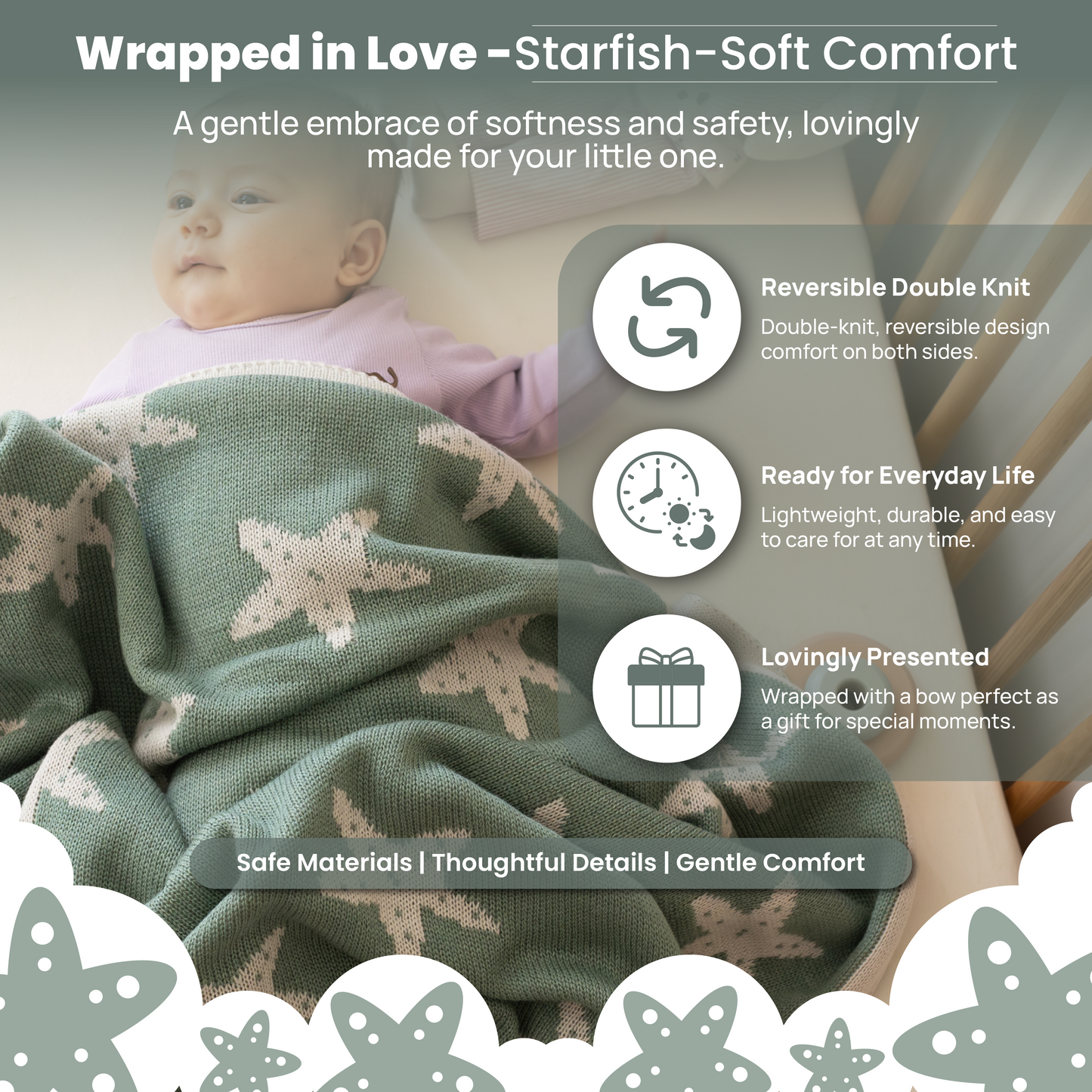 Little Dedi Baby Blanket 30x40 in – Soft, Reversible Acrylic Knit Blanket with Bow – Oeko-TEX Certified –Starfish Green