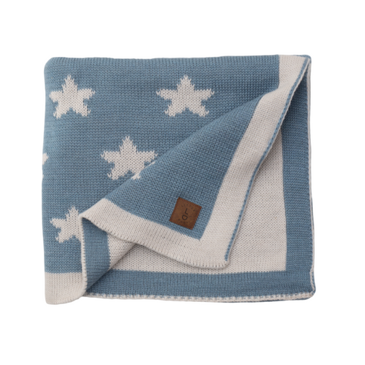 Little Dedi Baby Blanket 30x40 – Soft, Reversible Acrylic Knit Blanket with Bow – Oeko-TEX Certified – Stars - Smoke Blue/Beige