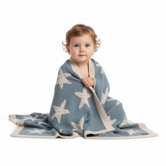 Little Dedi Baby Blanket 30x40 in– Soft, Reversible Acrylic Knit Blanket with Bow – Oeko-TEX Certified – Starfish Smoke Blue