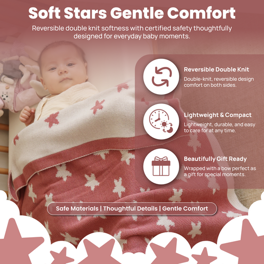 Little Dedi Baby Blanket 30x40 in – Soft, Reversible Acrylic Knit Blanket with Bow – Oeko-TEX Certified – Stars - Antique Pink/Beige
