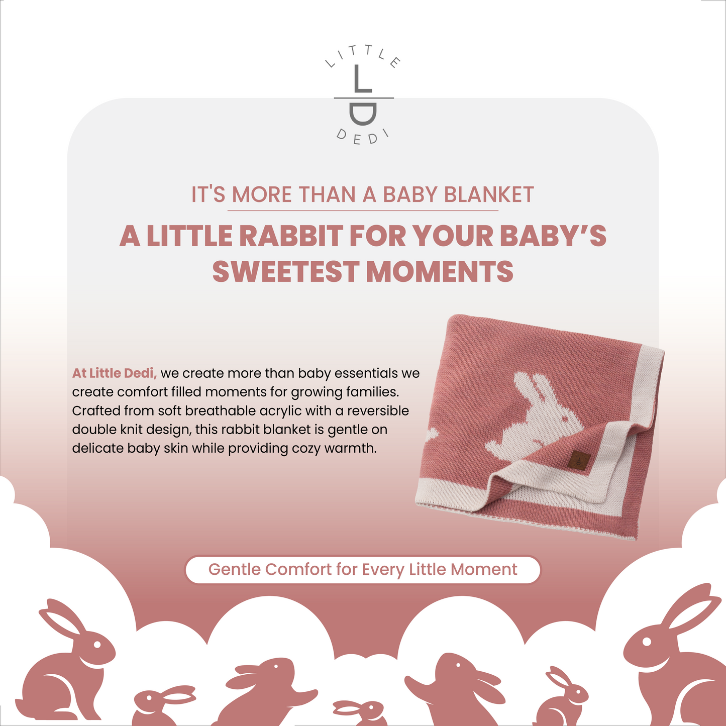 Little Dedi Bebek Battaniyesi 30x40 in – Yumuşak, Çift Taraflı Akrilik Örme Battaniye Kurdeleli – Oeko-TEX Sertifikalı – Tavşan Antik Gül
