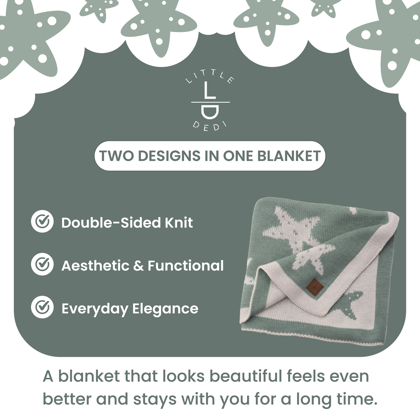 Little Dedi Baby Blanket 30x40 in – Soft, Reversible Acrylic Knit Blanket with Bow – Oeko-TEX Certified –Starfish Green
