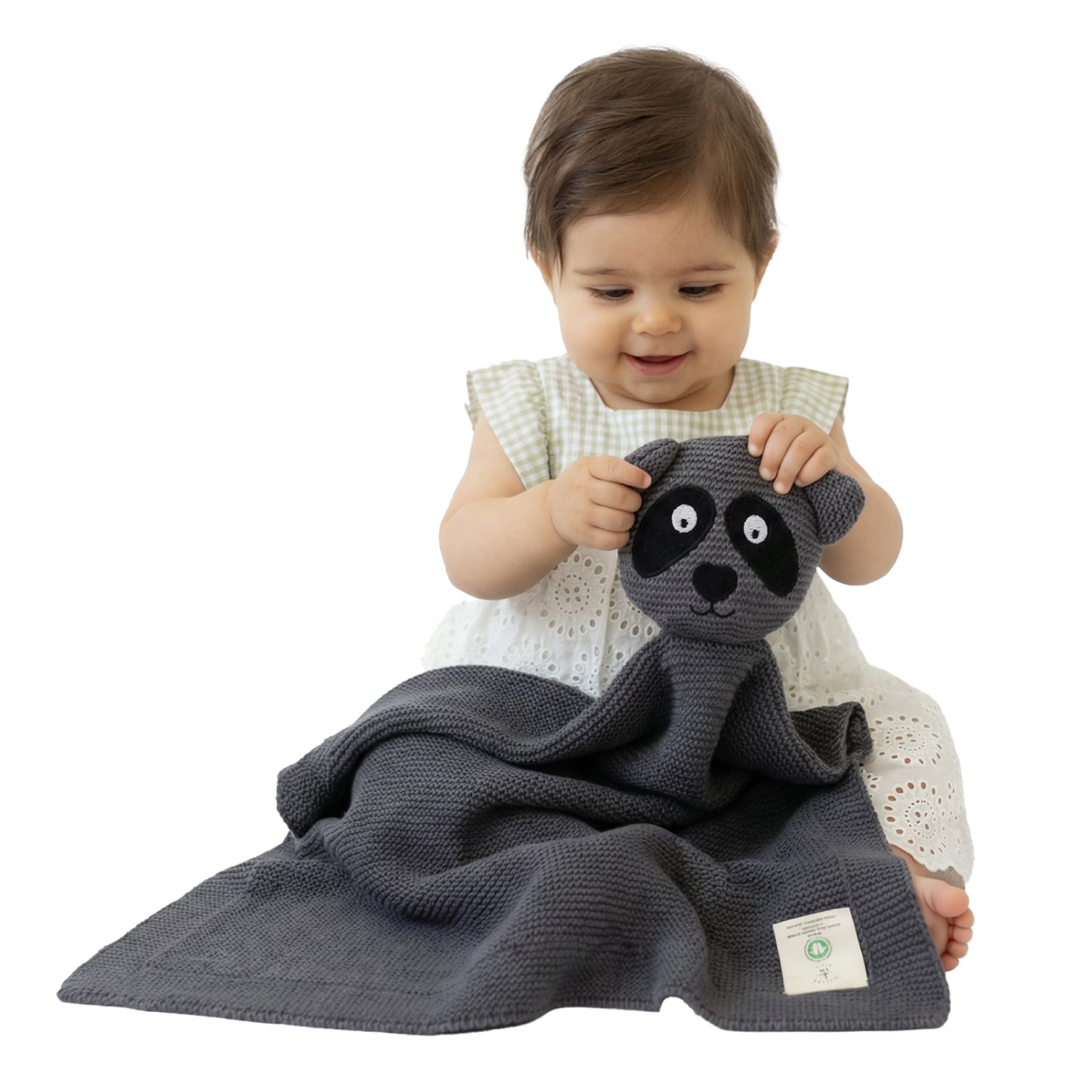 Little Dedi 100% Organic Cotton Baby Blanket, Charcoal, 80 x 100 cm, Raccoon Design, Handmade Soft & Breathable Infant Swaddle Blanket, Crib, Pram & Newborn Gift