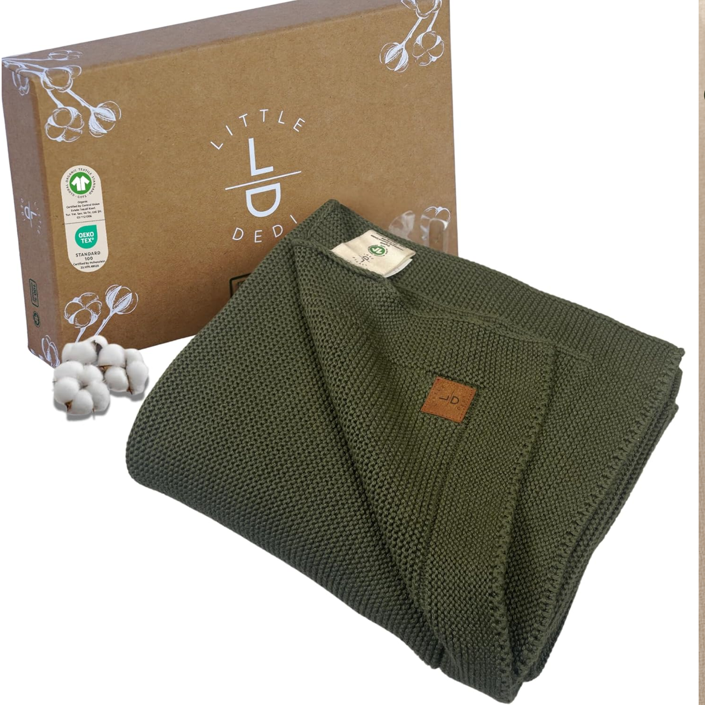 Little Dedi 100% Organic Cotton Baby Knitted Blanket with Gift Box - Soft Toddler, Crib, Stroller Blanket - Neutral Swaddle and Receiving Blanket for Newborns, 30"x40", Pepper Green