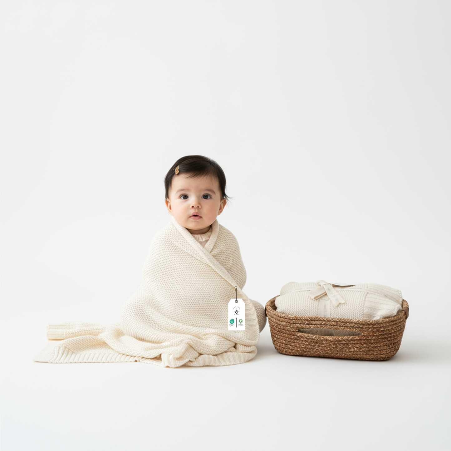 Little Dedi Organik Bebek Battaniyesi Hediye Seti, Yeniden Kullanılabilir Sepet ile – Ultra Yumuşak GOTS Pamuk ve Tencel Örgü – Yenidoğanlar ve Bebekler için 76x102 Nefes Alabilen Süveter Örgü Battaniye – Earth Ivory (Bej)