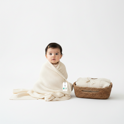 Little Dedi Organik Bebek Battaniyesi Hediye Seti, Yeniden Kullanılabilir Sepet ile – Ultra Yumuşak GOTS Pamuk ve Tencel Örgü – Yenidoğanlar ve Bebekler için 76x102 Nefes Alabilen Süveter Örgü Battaniye – Earth Ivory (Bej)