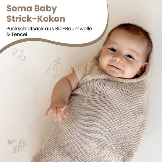 Little Dedi Soma Baby Knit Cocoon – 70% Organic Cotton & 30% Tencel Swaddle Sack for Newborns | Seamless Breathable Cocoon with Adjustable Knot | Lightweight Natural Beige | Gift Basket Included