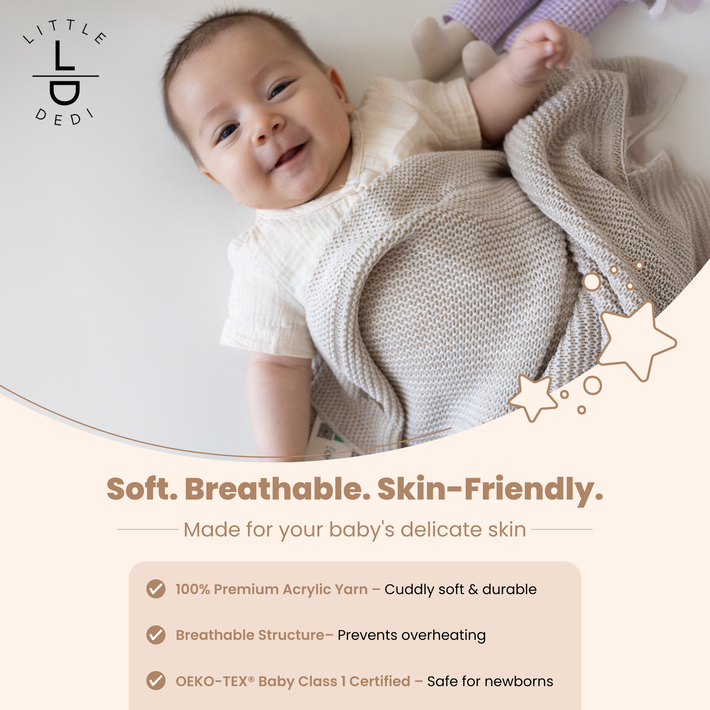 Little Dedi Soft Baby Knitted Blanket - Soft Toddler, Crib, Stroller Blanket - Neutral Swaddle and Receiving Blanket for Newborns, 30 x 40 in, Stone