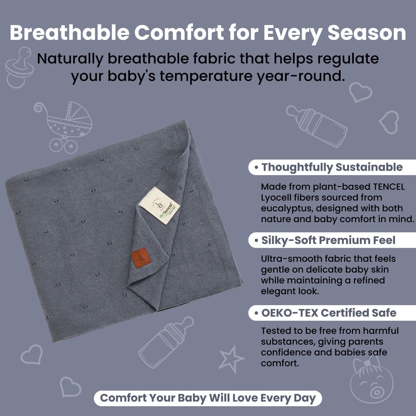 Little Dedi- 100% Tencel Lyocell Organic Baby Blanket – Double Layer, Breathable & Temperature Regulating – Oeko-TEX Certified – 30x40” – Gift Box + Ribbon Wrapped (Grey Blue)