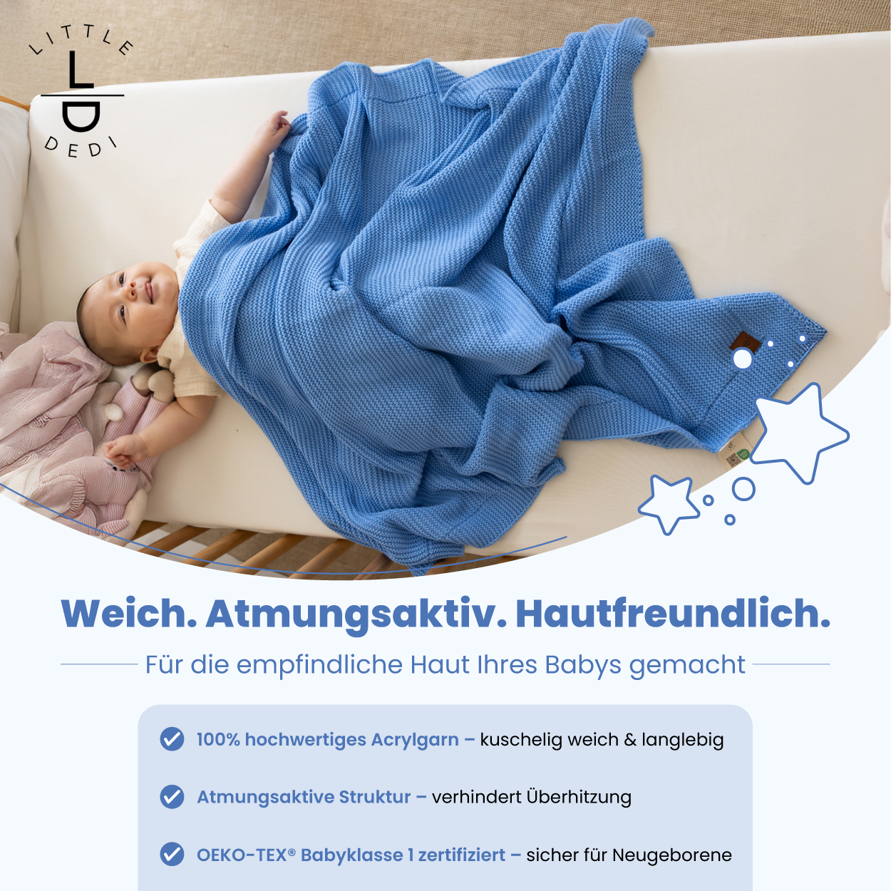 Little Dedi Soft Knitted Baby Blanket with Star Pattern – Newborn Gift for Boys – 31 x 39 in, Blue – Oeko-TEX 100 Certified – Cuddly Blanket – Ideal for Baby Car Seat