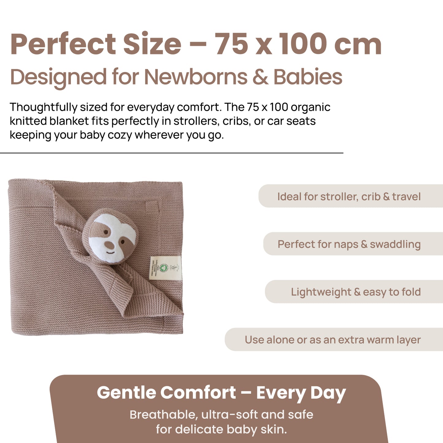 Little Dedi 100% Organic Cotton Baby Blanket, Stone, 80 x 100 cm, Sloth Design, Handmade Soft & Breathable Infant Swaddle Blanket, Crib, Stroller
