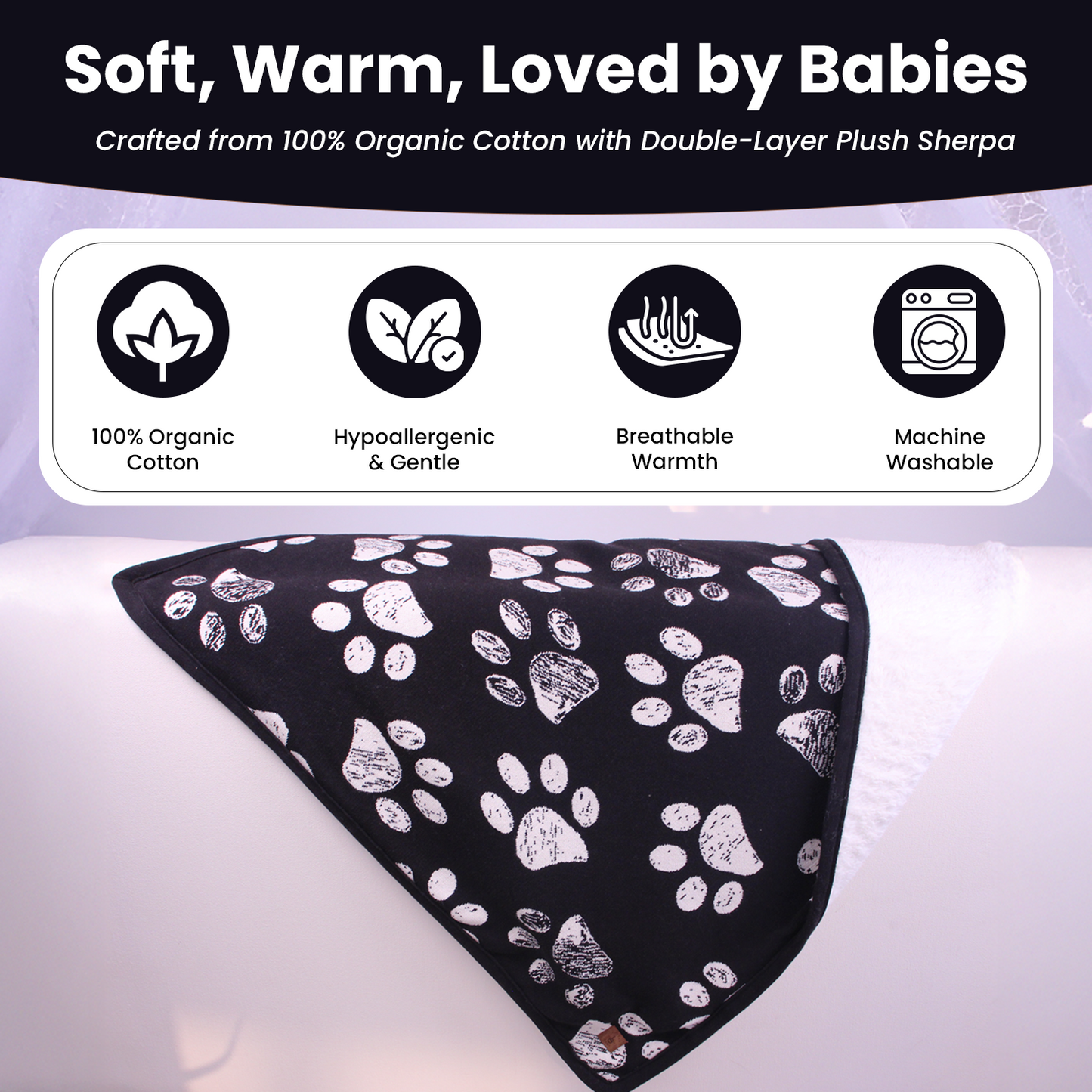Little Dedi Küçük Evcil Hayvan Battaniyesi - %100 Organik Pamuk, Çift Katmanlı Peluş Sherpa, Yumuşak Peluş, Pati Desenli, 76x96 cm, Küçük Köpek ve Kedi için İdeal - Yumuşak ve Sıcak (Siyah/Bej)