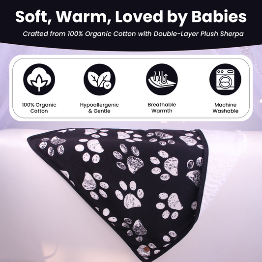 Little Dedi Small Pet Blanket - 100% Organic Cotton, Double Layer Plush Sherpa, Soft Plush, Paw Print, 30"x38", Ideal for Small Dog, Cat - Soft and Warm (Black/Beige)
