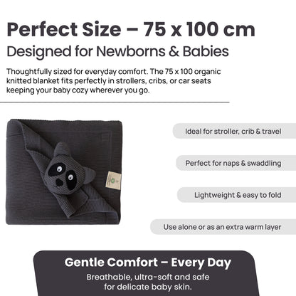 Little Dedi 100% Organic Cotton Baby Blanket, Charcoal, 80 x 100 cm, Raccoon Design, Handmade Soft & Breathable Infant Swaddle Blanket, Crib, Pram & Newborn Gift