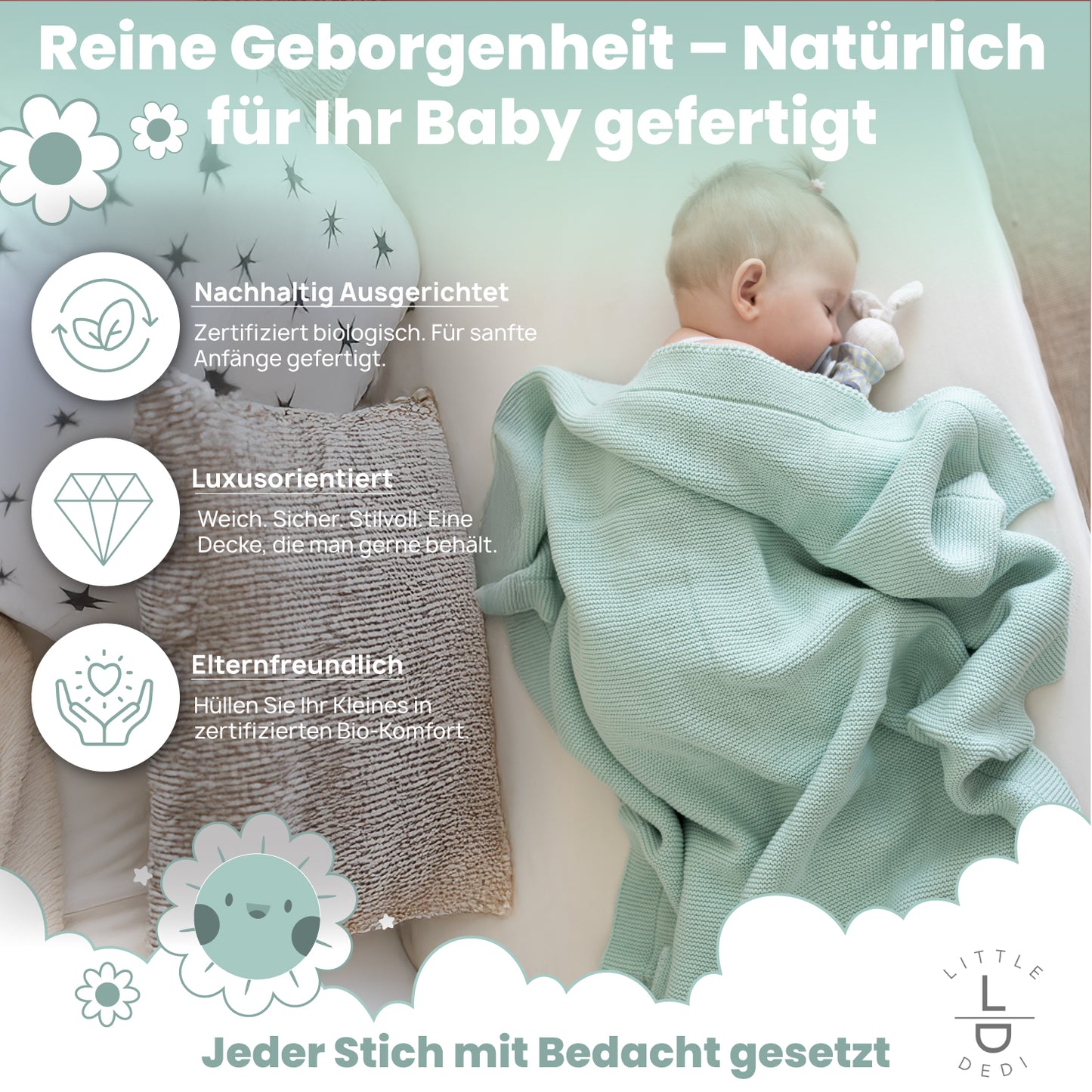 Little Dedi 100% Organic Cotton Baby Knitted Blanket with Gift Box - Soft Toddler, Crib, Stroller Blanket - Neutral Swaddle and Receiving Blanket for Newborns, 30"x40", Sage
