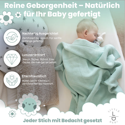 Little Dedi 100% Organic Cotton Baby Knitted Blanket with Gift Box - Soft Toddler, Crib, Stroller Blanket - Neutral Swaddle and Receiving Blanket for Newborns, 30"x40", Sage