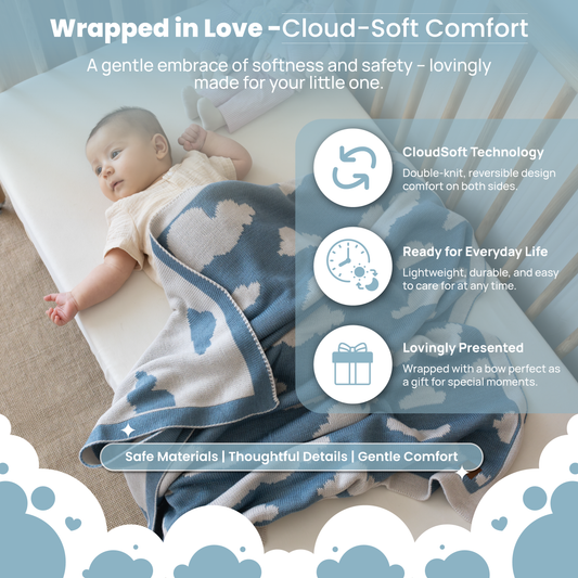 Little Dedi Baby Blanket 30x40 in – Soft, Reversible Acrylic Knit Blanket with Bow – Oeko-TEX Certified – Cloud Smoke Blue