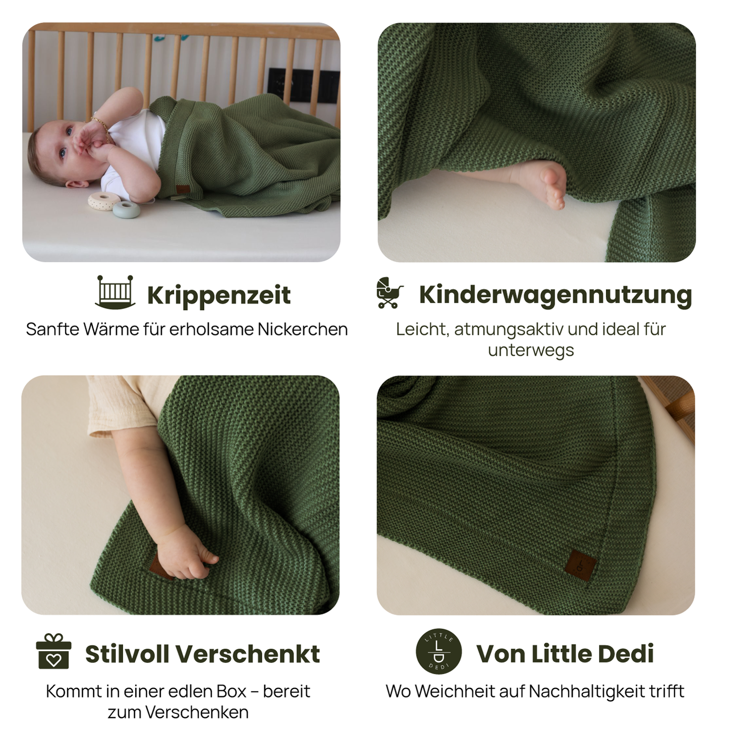 Little Dedi 100% Organic Cotton Baby Knitted Blanket with Gift Box - Soft Toddler, Crib, Stroller Blanket - Neutral Swaddle and Receiving Blanket for Newborns, 30"x40", Pepper Green