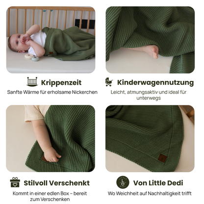 Little Dedi 100% Organic Cotton Baby Knitted Blanket with Gift Box - Soft Toddler, Crib, Stroller Blanket - Neutral Swaddle and Receiving Blanket for Newborns, 30"x40", Pepper Green