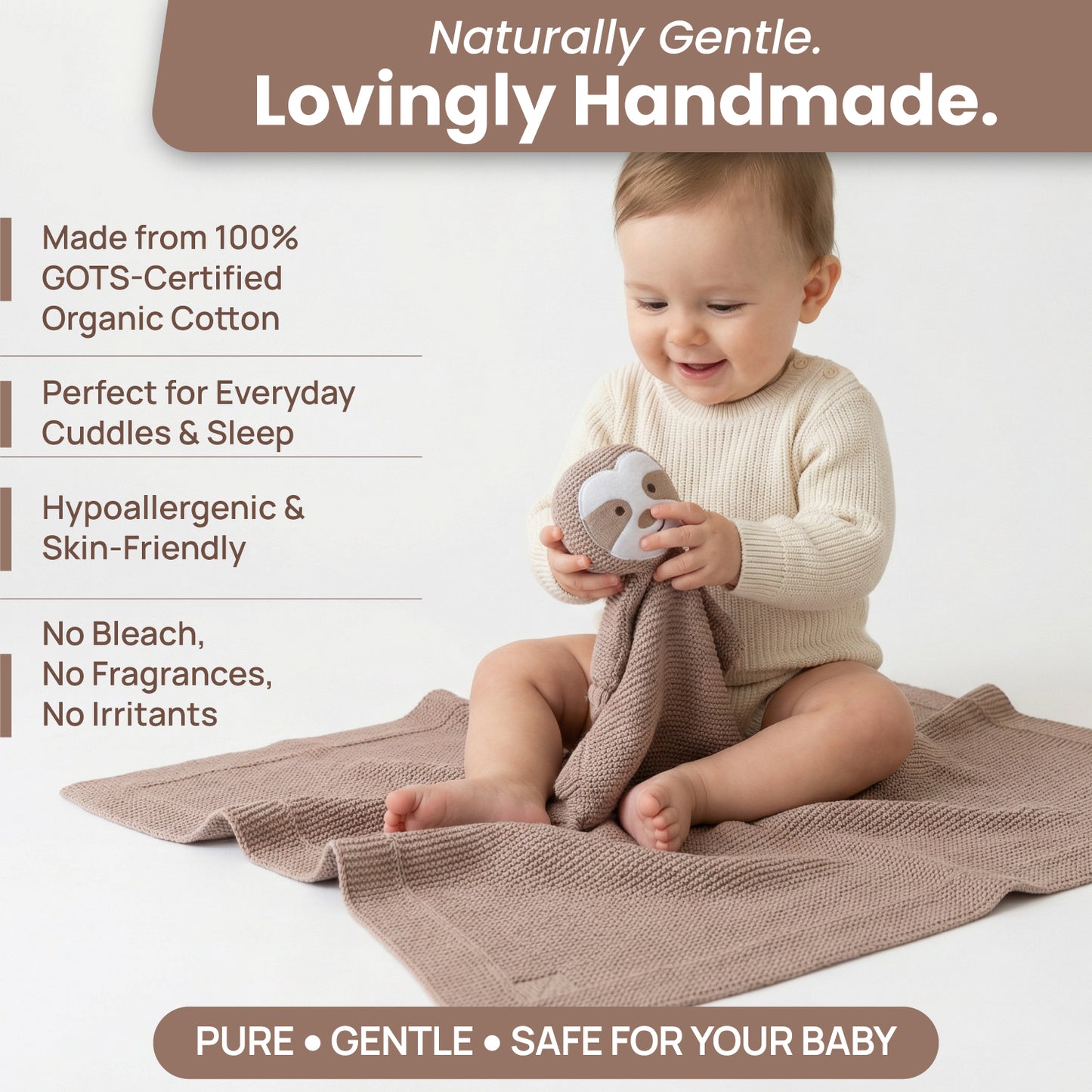Little Dedi 100% Organic Cotton Baby Blanket, Stone, 80 x 100 cm, Sloth Design, Handmade Soft & Breathable Infant Swaddle Blanket, Crib, Stroller