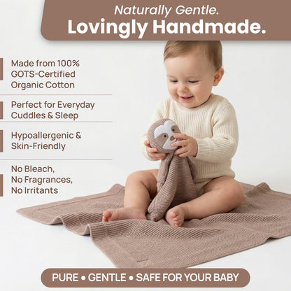 Little Dedi 100% Organic Cotton Baby Blanket, Stone, 80 x 100 cm, Sloth Design, Handmade Soft & Breathable Infant Swaddle Blanket, Crib, Stroller