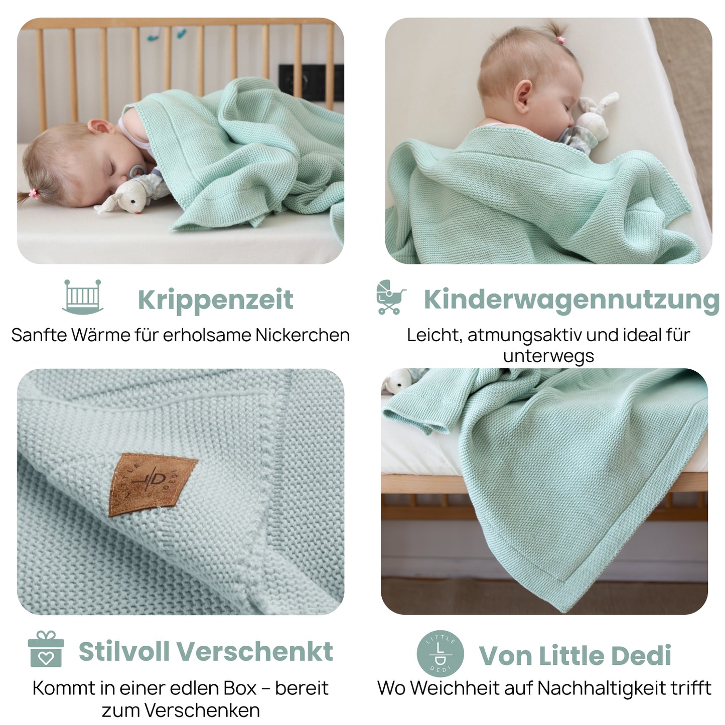 Little Dedi 100% Organic Cotton Baby Knitted Blanket with Gift Box - Soft Toddler, Crib, Stroller Blanket - Neutral Swaddle and Receiving Blanket for Newborns, 30"x40", Sage