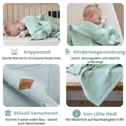 Little Dedi 100% Organic Cotton Baby Knitted Blanket with Gift Box - Soft Toddler, Crib, Stroller Blanket - Neutral Swaddle and Receiving Blanket for Newborns, 30"x40", Sage