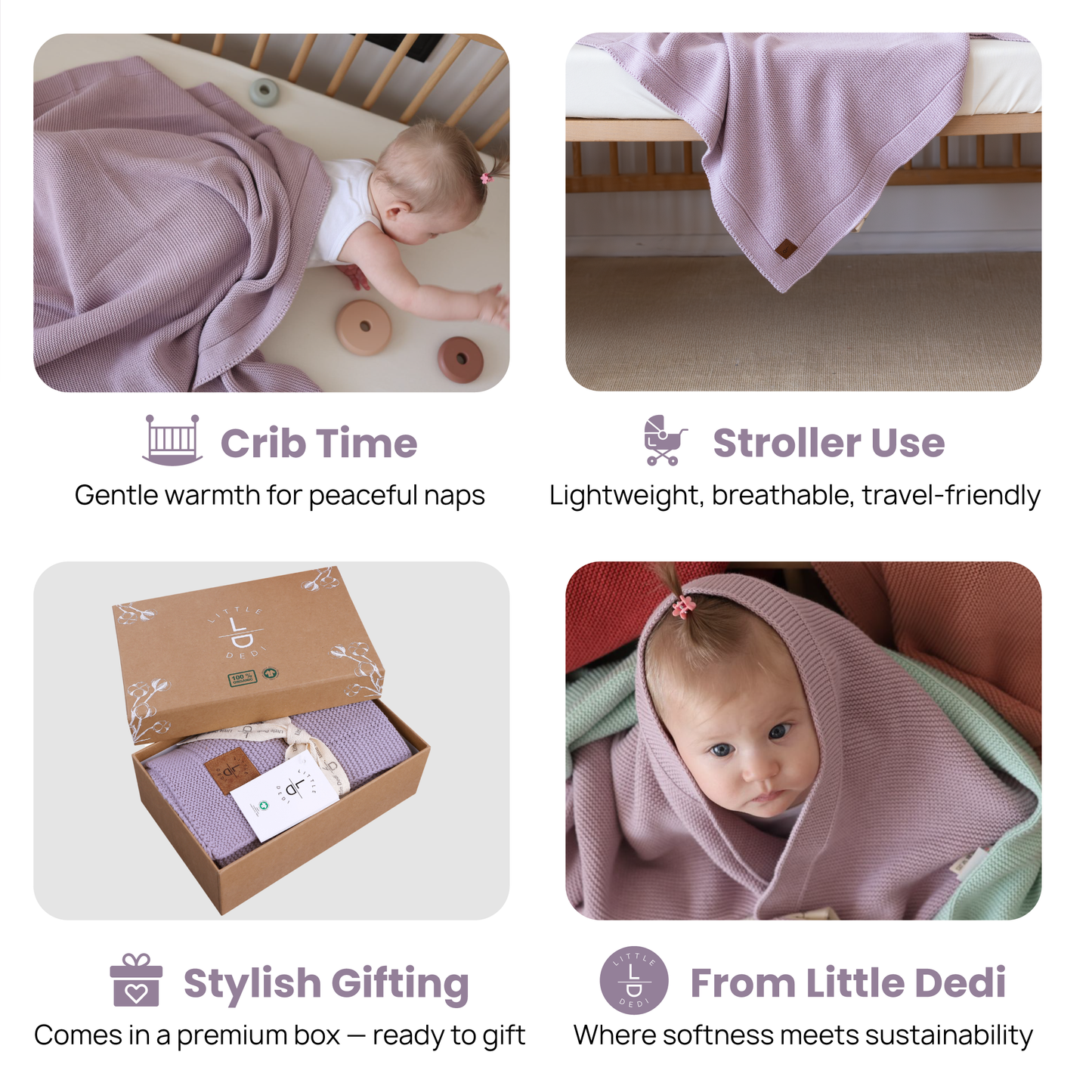 Little Dedi %100 Organik Pamuk GOTS Sertifikalı Hediye Kutulu Bebek Örgü Battaniye - Yumuşak Bebek, Beşik, Puset Battaniyesi - Yenidoğanlar için Nötr Kundak ve Puset Örtüsü, 76x101 cm, Lavanta Frost