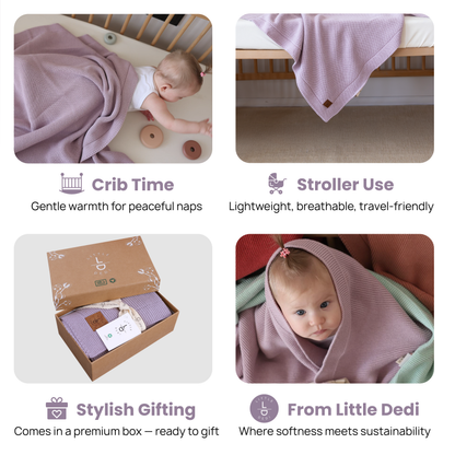 Little Dedi %100 Organik Pamuk GOTS Sertifikalı Hediye Kutulu Bebek Örgü Battaniye - Yumuşak Bebek, Beşik, Puset Battaniyesi - Yenidoğanlar için Nötr Kundak ve Puset Örtüsü, 76x101 cm, Lavanta Frost