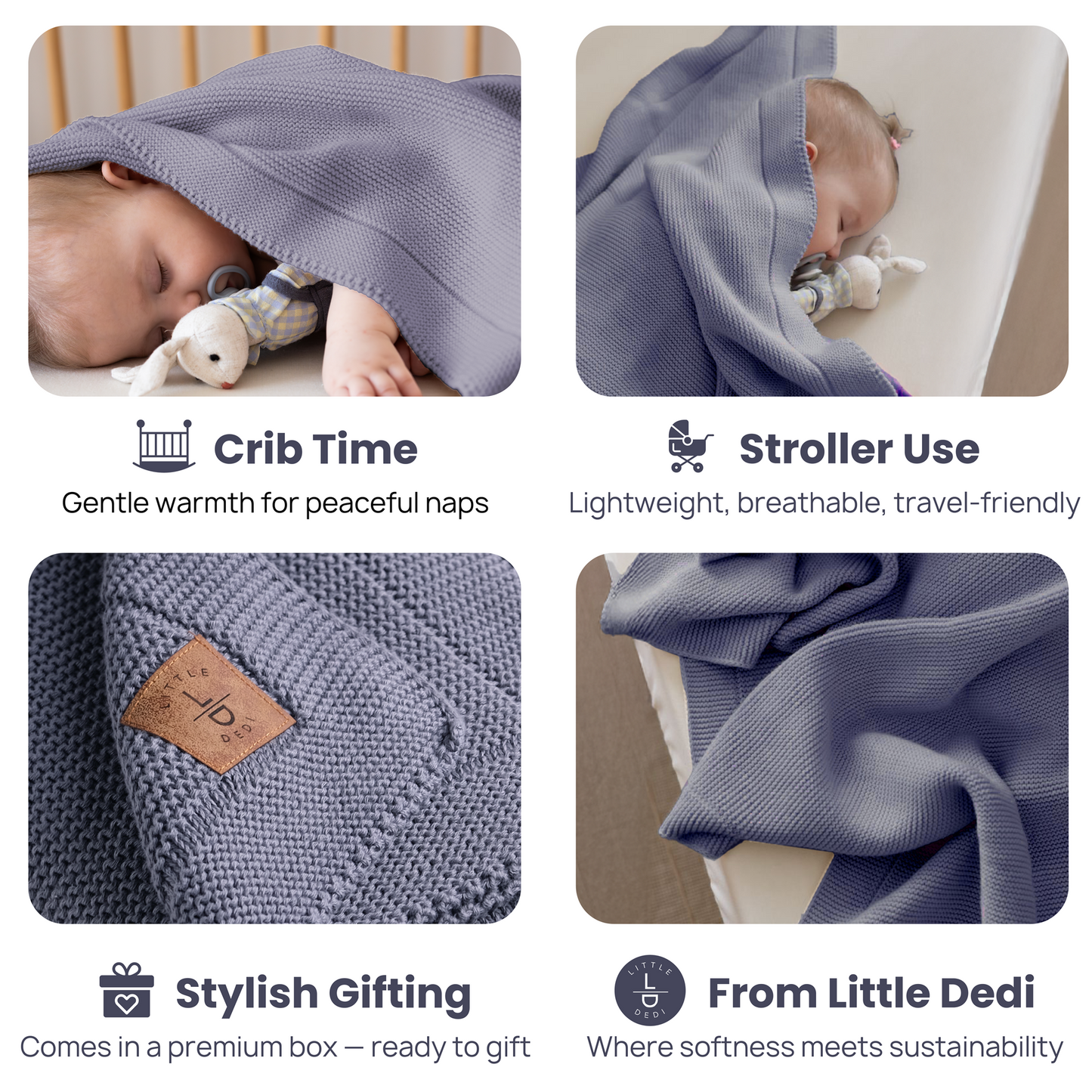 Little Dedi %100 Organik Pamuk GOTS Sertifikalı Bebek Örgü Battaniyesi, Hediye Kutulu - Yumuşak Bebek, Beşik, Puset Battaniyesi - Yenidoğanlar için Nötr Kundak ve Puset Örtüsü, 76x101 cm, Gri Mavi