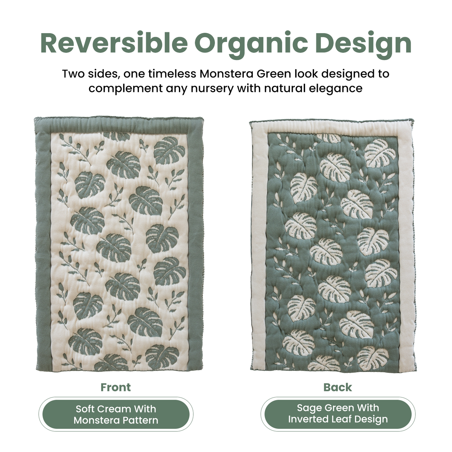 Little Dedi Organic Baby Changing Mat 20x33 Inch – OCS Certified Turkish Cotton Quilted Diaper Pad – Reversible, Soft, Washable Portable Mat for Newborn Travel – Monstera Leaf Green Beige