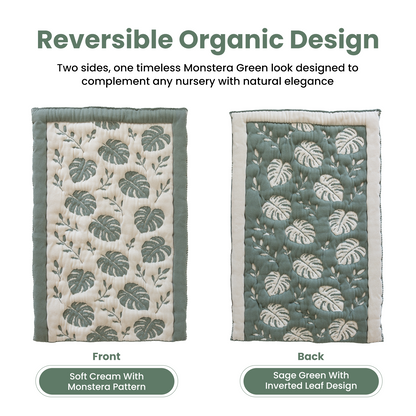 Little Dedi Organic Baby Changing Mat 20x33 Inch – OCS Certified Turkish Cotton Quilted Diaper Pad – Reversible, Soft, Washable Portable Mat for Newborn Travel – Monstera Leaf Green Beige