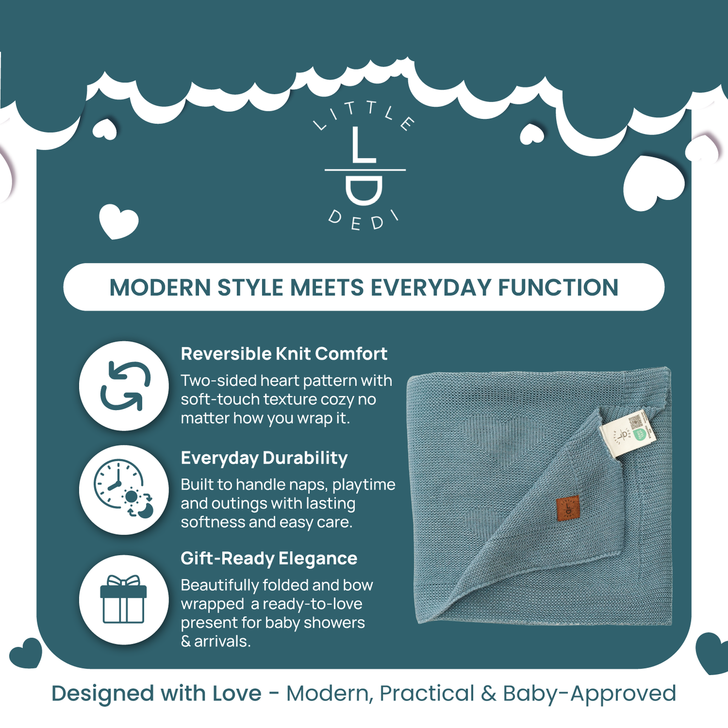 Little Dedi Soft Baby Knitted Blanket - Soft Toddler, Crib, Stroller Blanket - Neutral Swaddle and Receiving Blanket for Newborns, 30 x 40 in, Smoke Blue Design: Hearts