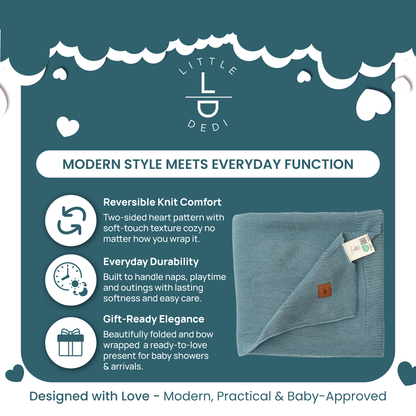 Little Dedi Soft Baby Knitted Blanket - Soft Toddler, Crib, Stroller Blanket - Neutral Swaddle and Receiving Blanket for Newborns, 30 x 40 in, Smoke Blue Design: Hearts
