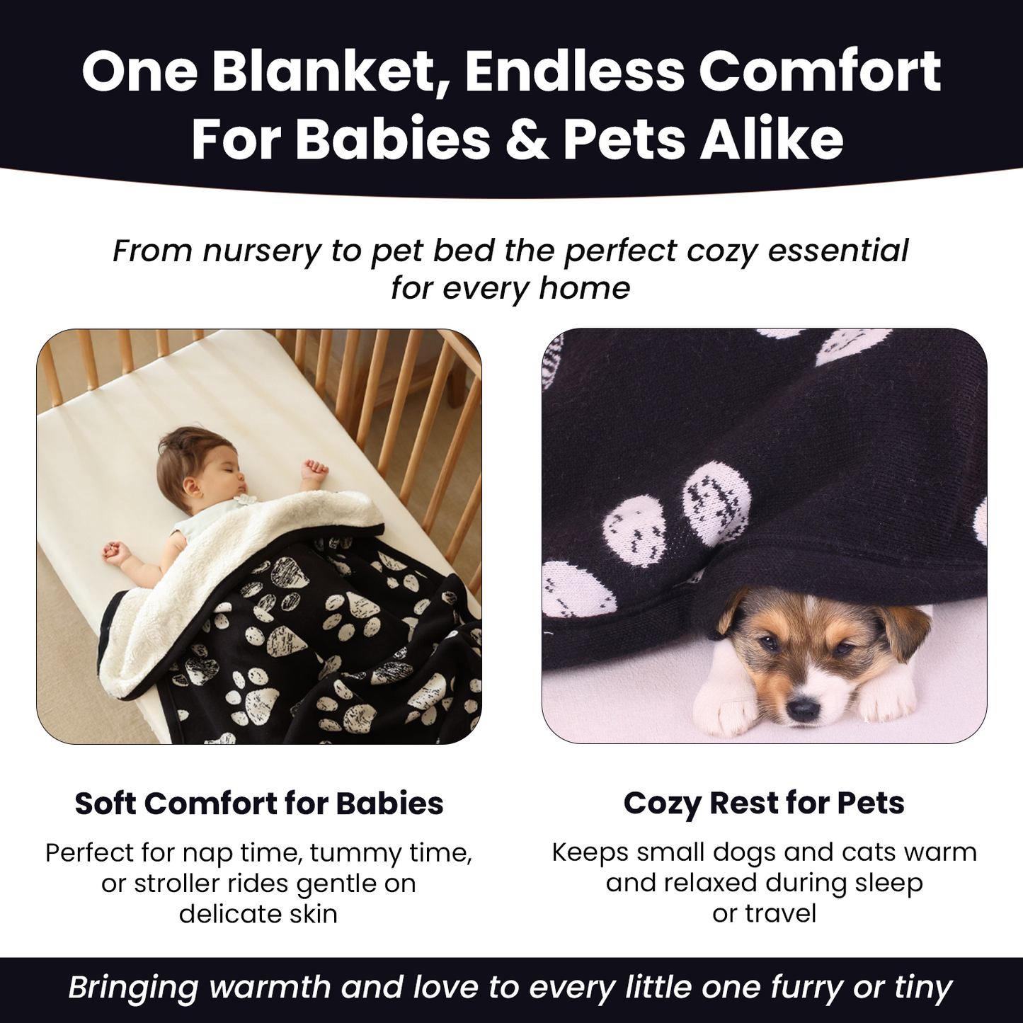 Little Dedi Küçük Evcil Hayvan Battaniyesi - %100 Organik Pamuk, Çift Katmanlı Peluş Sherpa, Yumuşak Peluş, Pati Desenli, 76x96 cm, Küçük Köpek ve Kedi için İdeal - Yumuşak ve Sıcak (Siyah/Bej)