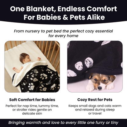 Little Dedi Küçük Evcil Hayvan Battaniyesi - %100 Organik Pamuk, Çift Katmanlı Peluş Sherpa, Yumuşak Peluş, Pati Desenli, 76x96 cm, Küçük Köpek ve Kedi için İdeal - Yumuşak ve Sıcak (Siyah/Bej)