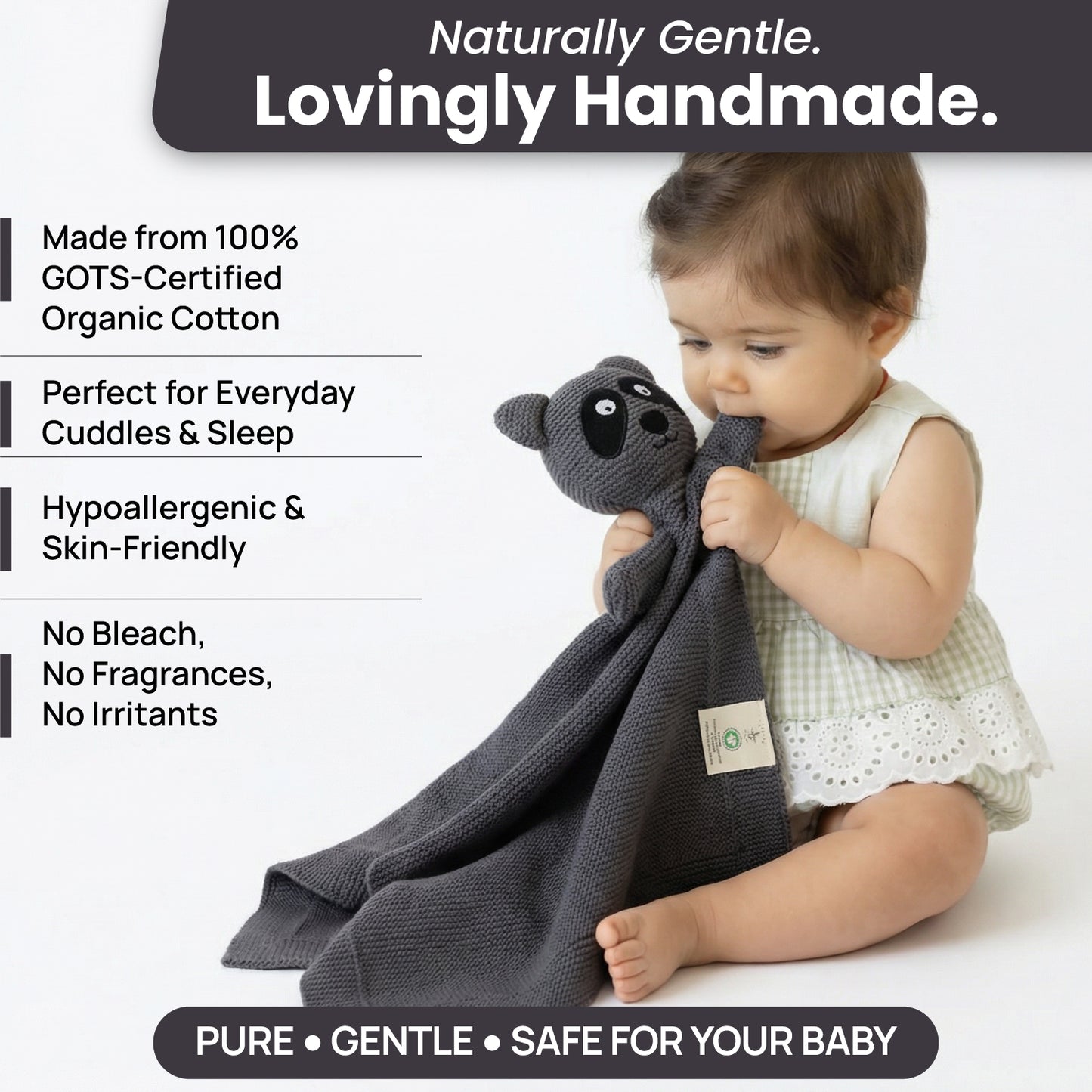 Little Dedi 100% Organic Cotton Baby Blanket, Charcoal, 80 x 100 cm, Raccoon Design, Handmade Soft & Breathable Infant Swaddle Blanket, Crib, Pram & Newborn Gift