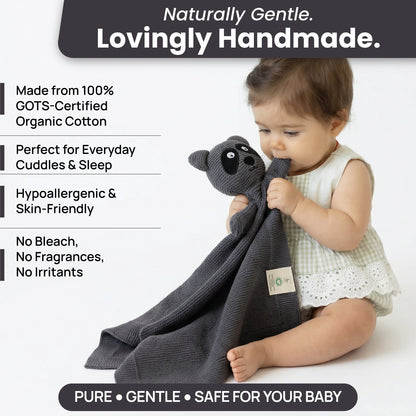 Little Dedi 100% Organic Cotton Baby Blanket, Charcoal, 80 x 100 cm, Raccoon Design, Handmade Soft & Breathable Infant Swaddle Blanket, Crib, Pram & Newborn Gift