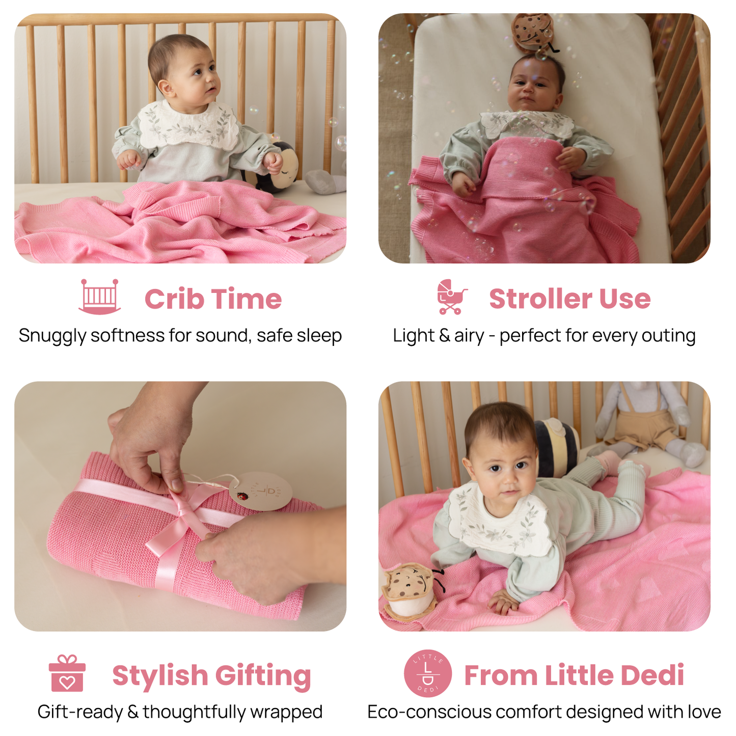 Little Dedi Soft Baby Knitted Blanket - Soft Toddler, Crib, Stroller Blanket - Neutral Swaddle and Receiving Blanket for Newborns, 30 x 40 in Pink Design: Hearts