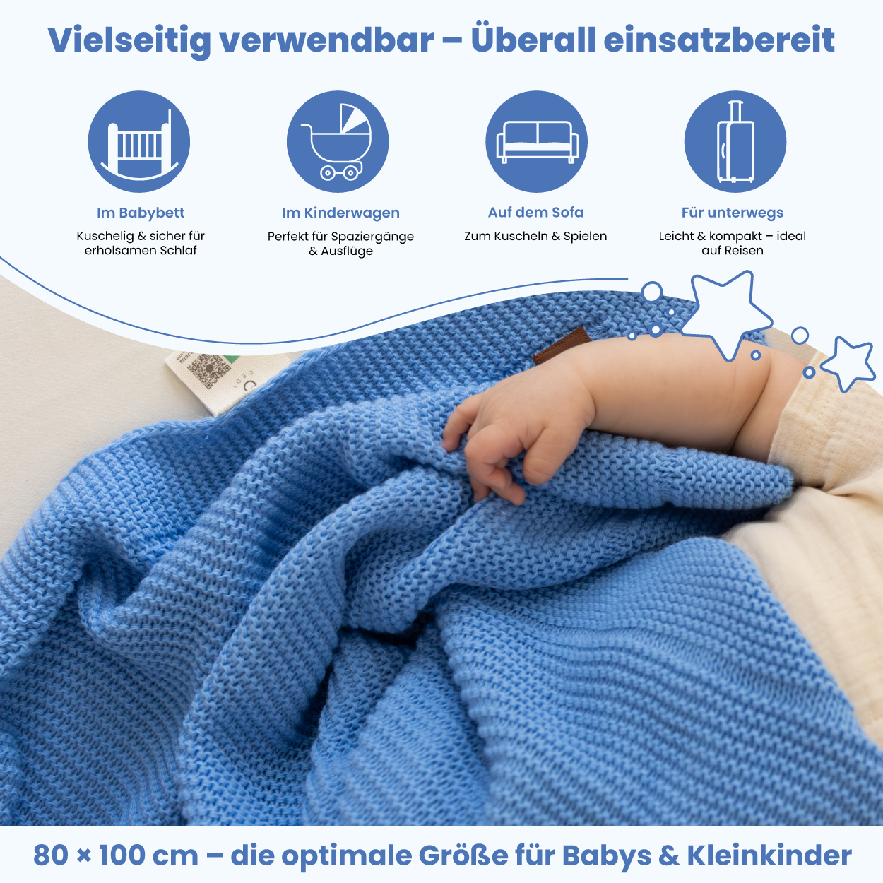 Little Dedi Soft Knitted Baby Blanket with Star Pattern – Newborn Gift for Boys – 31 x 39 in, Blue – Oeko-TEX 100 Certified – Cuddly Blanket – Ideal for Baby Car Seat