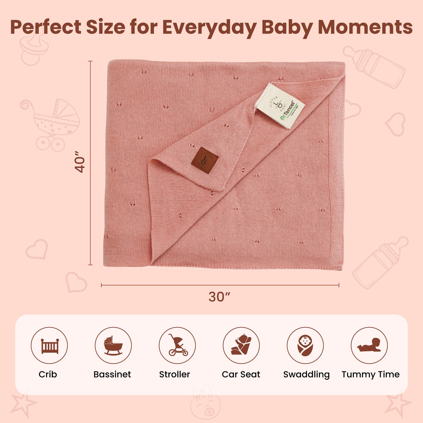 Little Dedi - %100 Tencel Lyocell Organik Bebek Battaniyesi – Çift Katmanlı, Nefes Alabilen ve Sıcaklık Düzenleyici – Oeko-TEX Sertifikalı – 76x101 cm – Hediye Kutusu + Kurdele Sargılı (Gül)